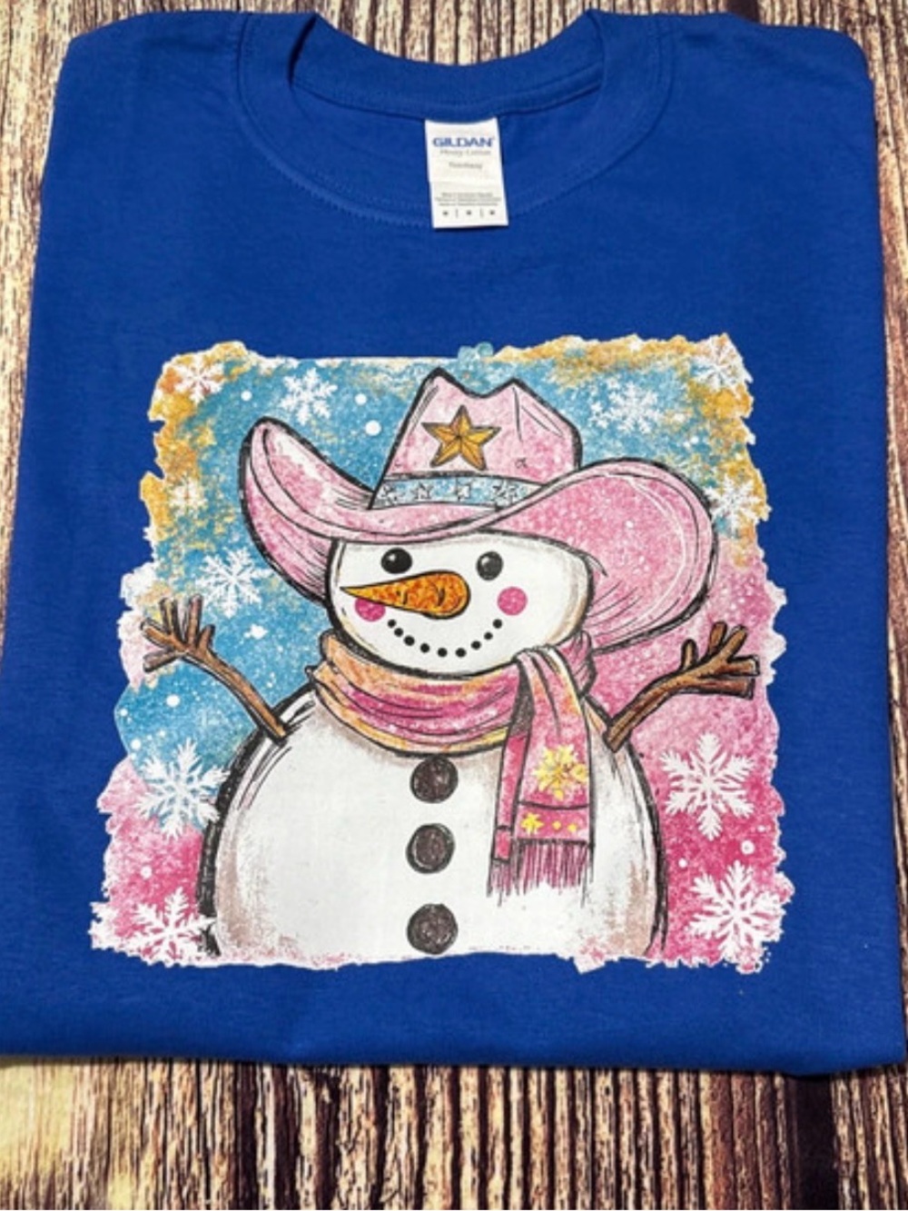 Gildan Royal Blue Snowman Tee with Pink Cowboy Hat and Scarf